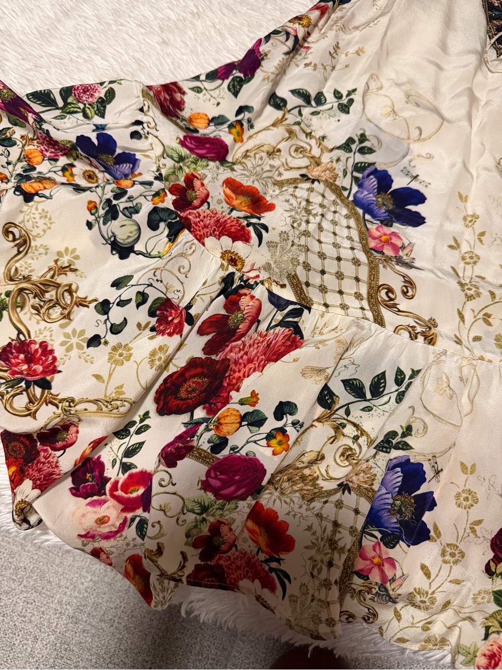 Camilla Cream Floral Tie-Waist Tiered Sundress 100% silk - Picture 6 of 7